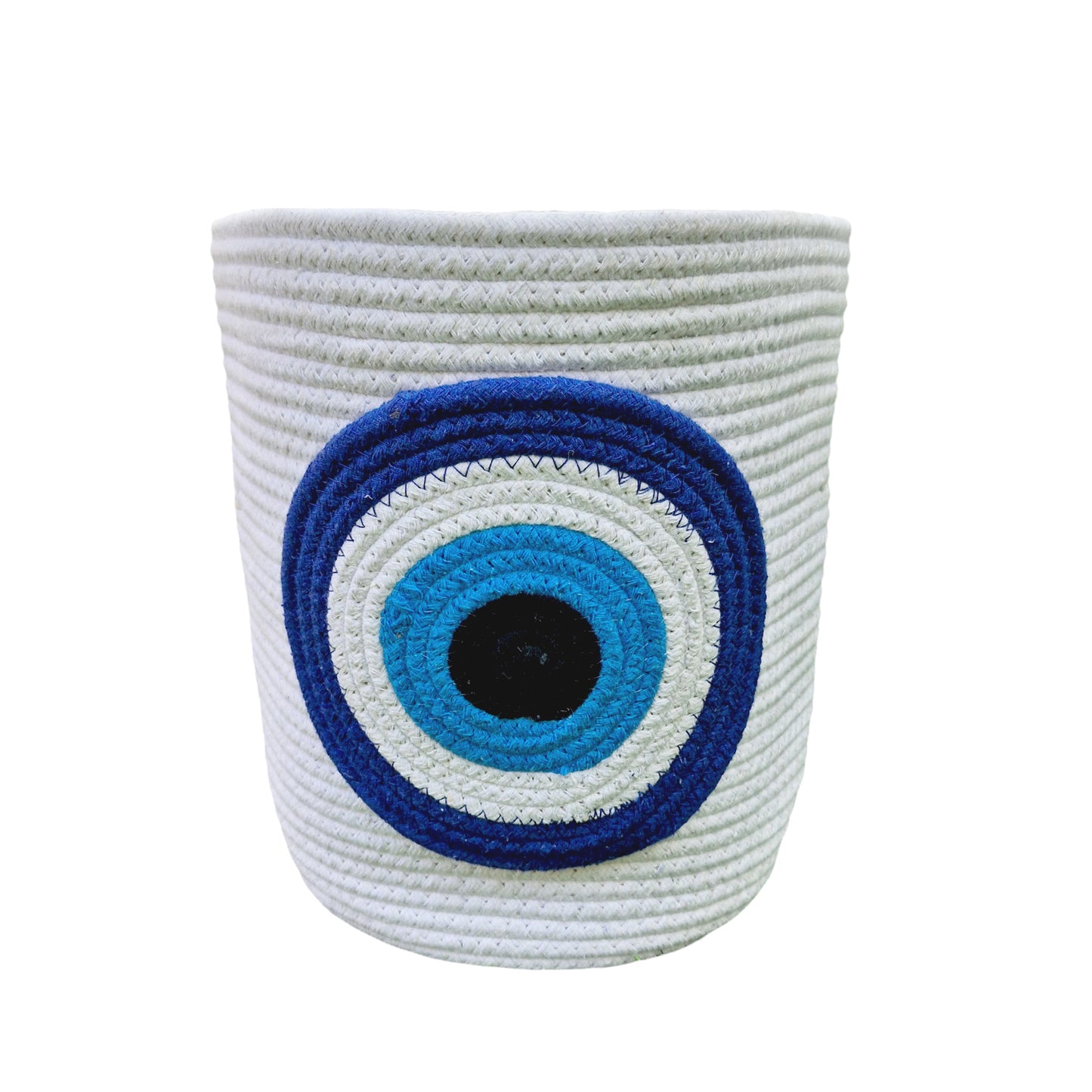 Eco Friendly White Cotton Striped Rope Evil Eye Design Storage Basket