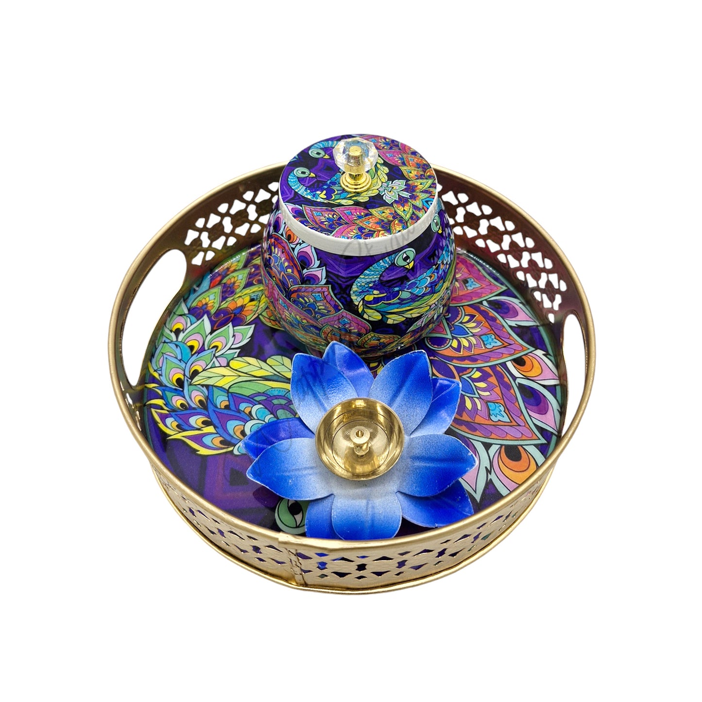 Traditional Pichwai Metal Tray with Steel Jar and Lotus Brass Diya