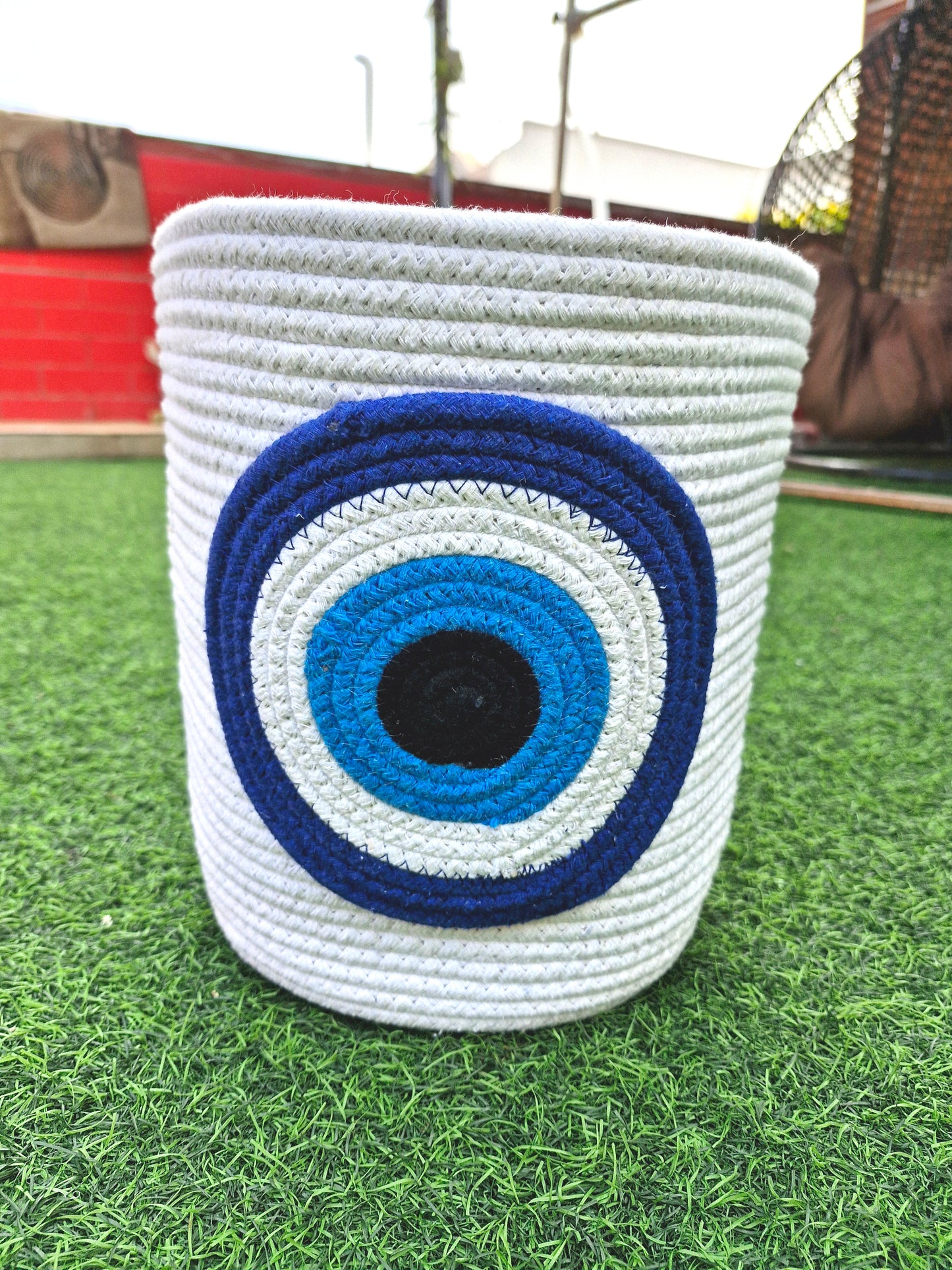 Eco Friendly White Cotton Striped Rope Evil Eye Design Storage Basket