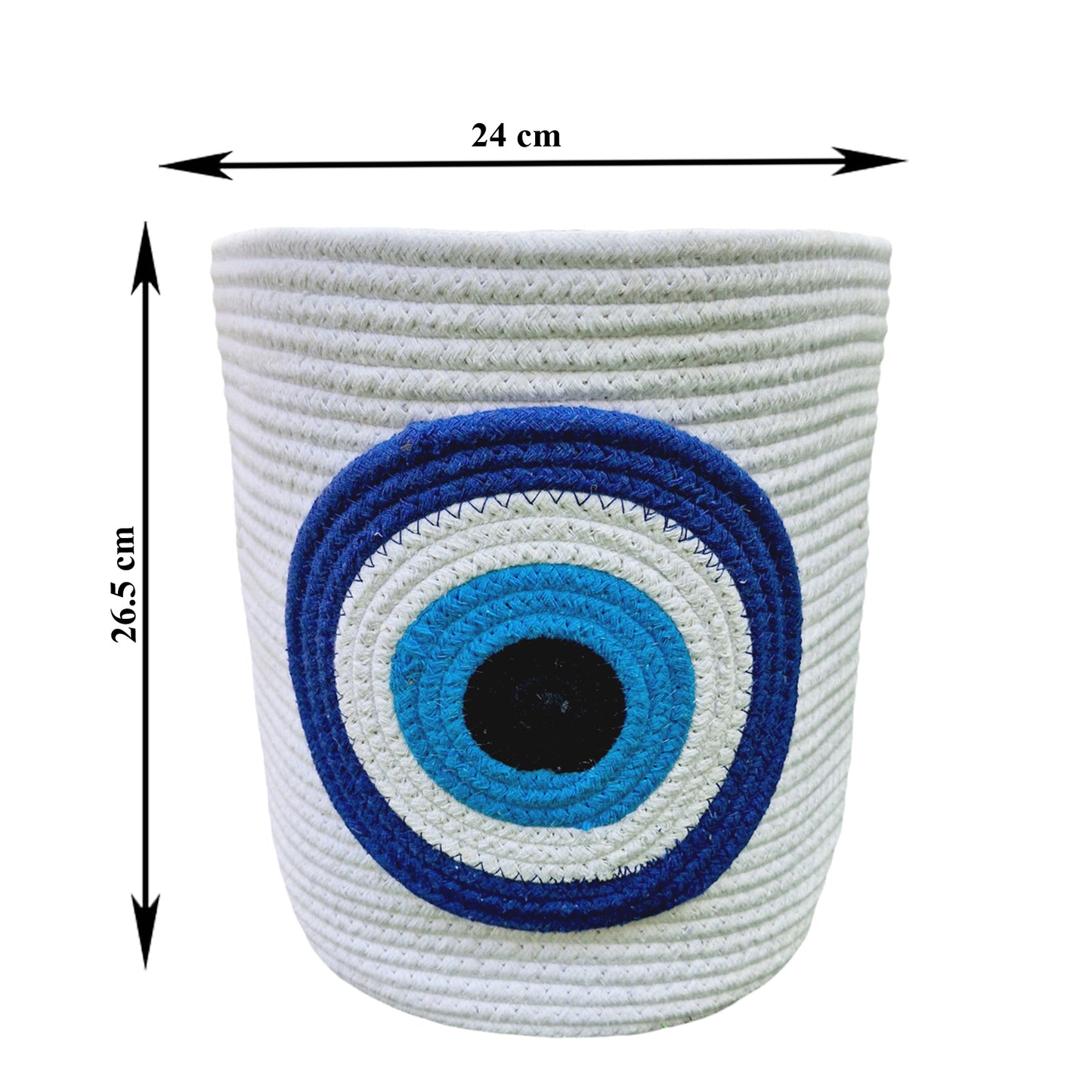 Eco Friendly White Cotton Striped Rope Evil Eye Design Storage Basket