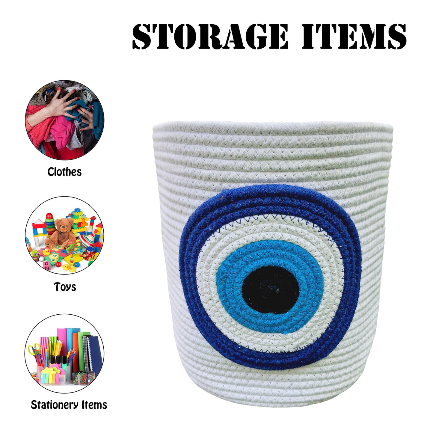 Eco Friendly White Cotton Striped Rope Evil Eye Design Storage Basket