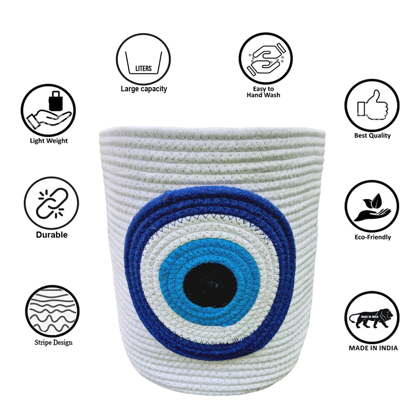 Eco Friendly White Cotton Striped Rope Evil Eye Design Storage Basket