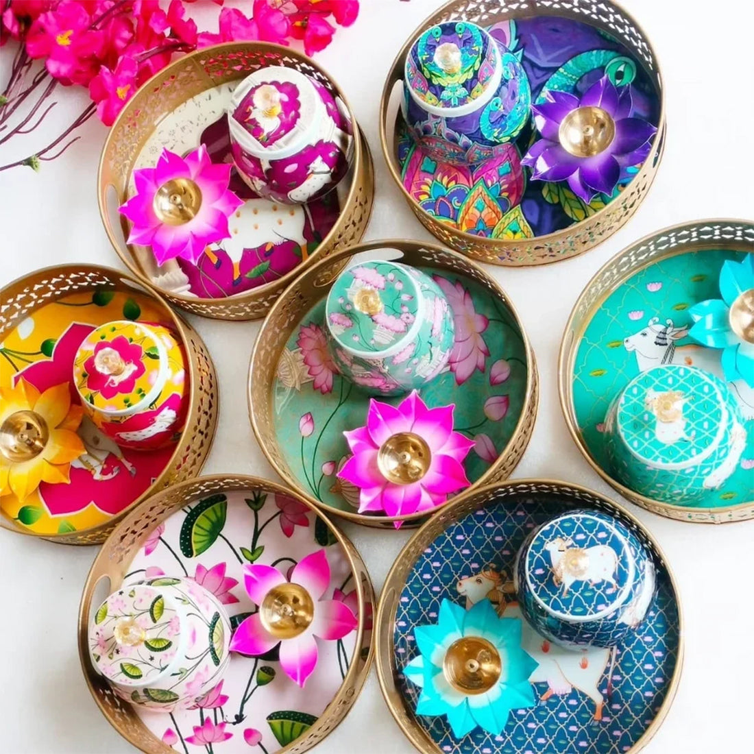 Traditional Pichwai Metal Tray with Steel Jar and Lotus Brass Diya