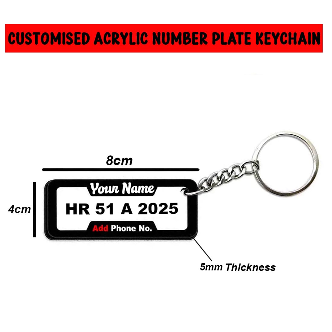 WRAPPING STUDIO Customized Rectangular Acrylic Number Plate Keychain For Car and Bike (8X4 cm | Multicolor)