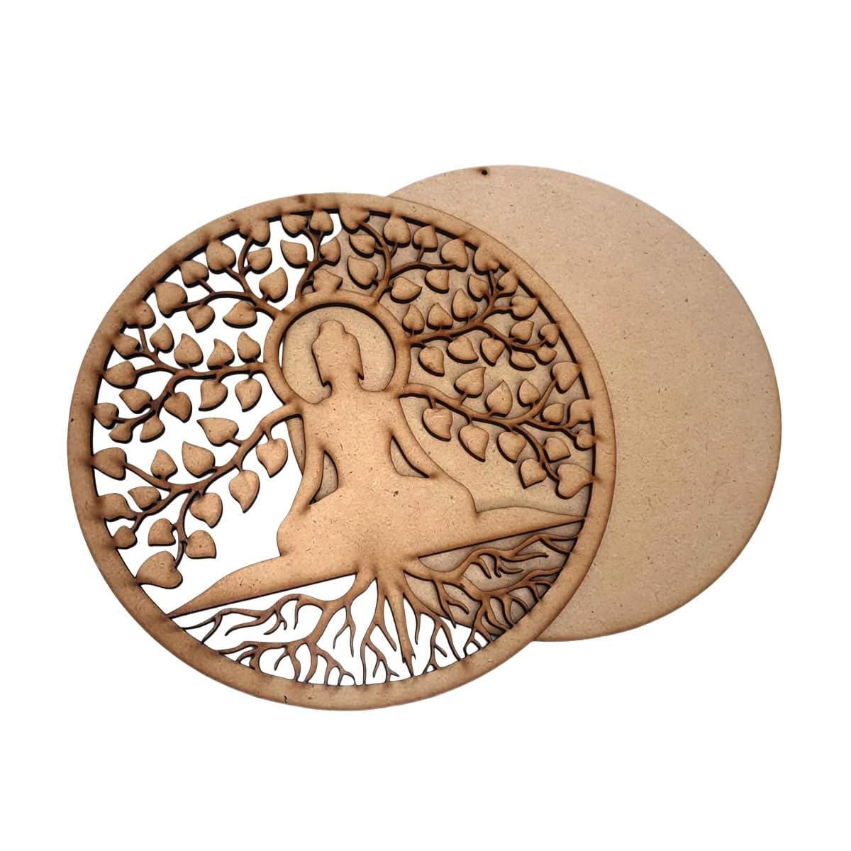 WRAPPING STUDIO Laser Cut Life of Tree & Buddha Design Round Shape Cutout with MDF Base Cutout for DIY Craft, Lippan Art, Painting Wall Hanging Decoration (PK-1 | 11.5" Inch)