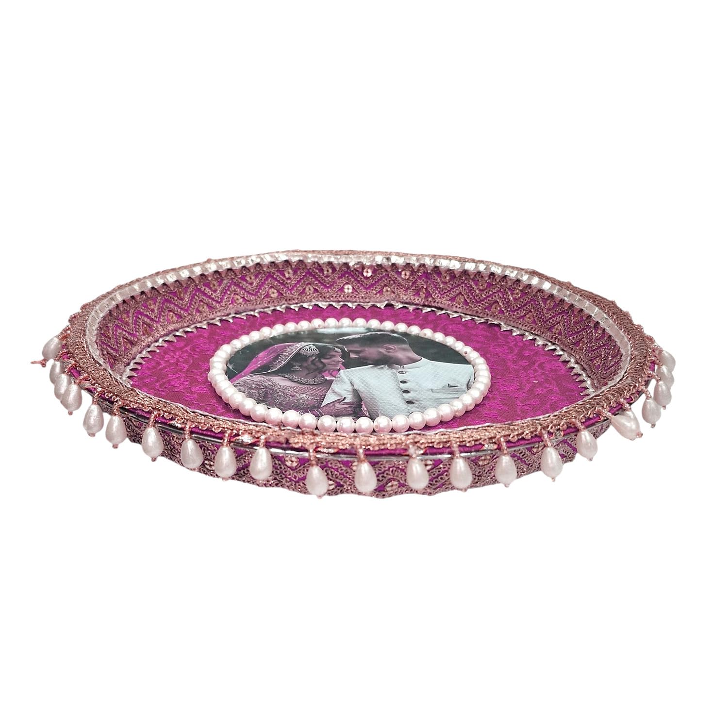 Handicrafts Personalized/Customized Photo Karwachauth Pooja Thali Set Red Color with 1 Thali, 1 Lota, 1 Chunni & 1 Chalni