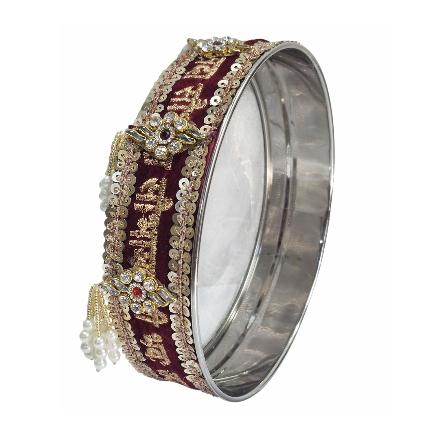 Handicrafts Personalized/Customized Photo Karwachauth Pooja Thali Set Red Color with 1 Thali, 1 Lota, 1 Chunni & 1 Chalni