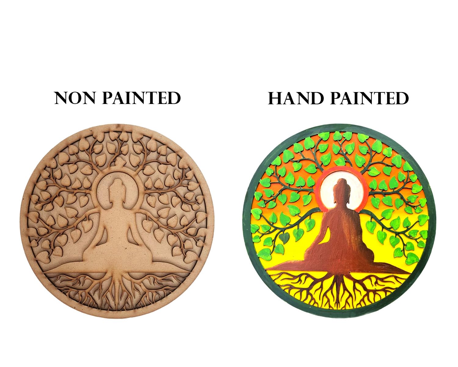 WRAPPING STUDIO Laser Cut Life of Tree & Buddha Design Round Shape Cutout with MDF Base Cutout for DIY Craft, Lippan Art, Painting Wall Hanging Decoration (PK-1 | 11.5" Inch)
