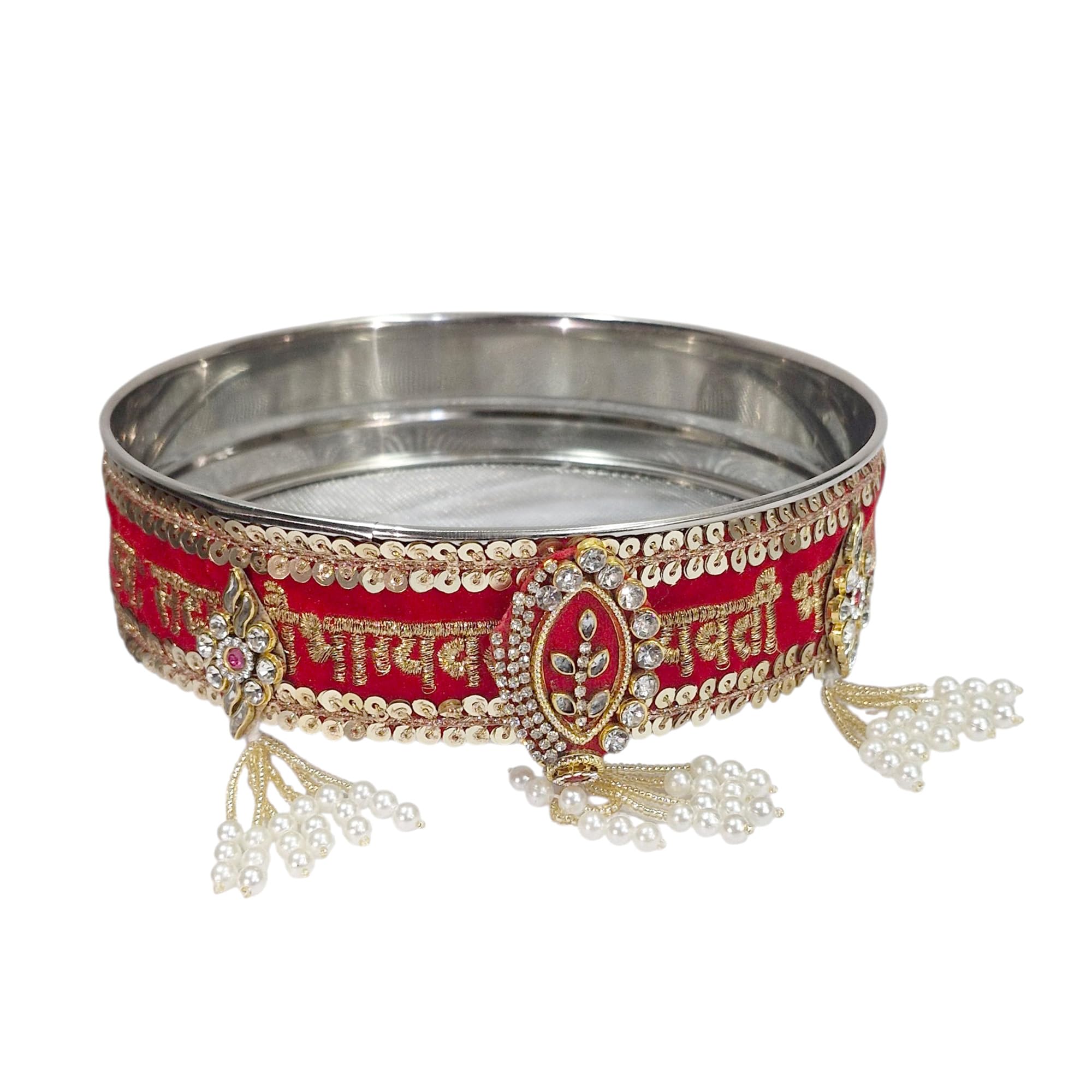 Handicrafts Personalized/Customized Photo Karwachauth Pooja Thali Set Red Color with 1 Thali, 1 Lota, 1 Chunni & 1 Chalni