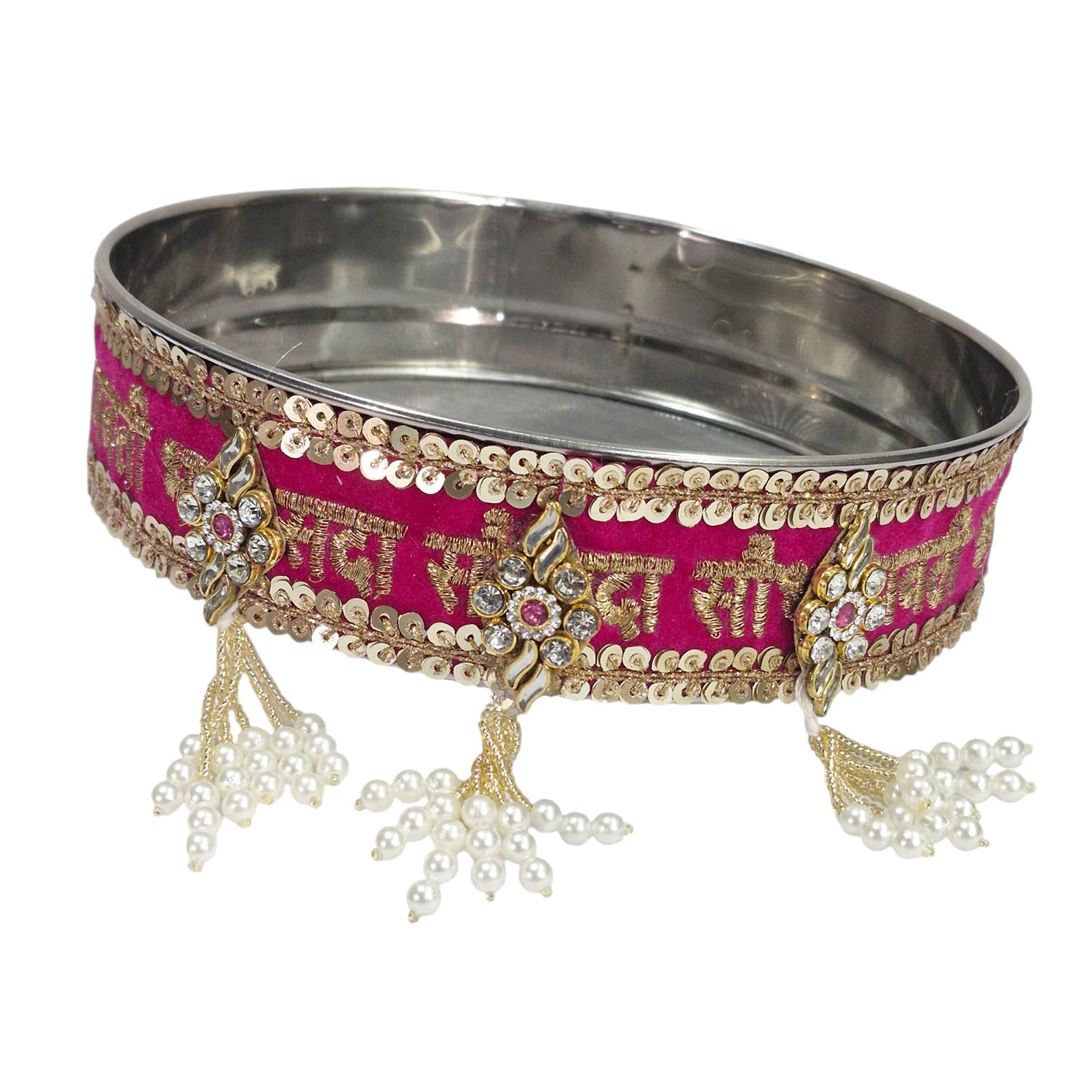 Handicrafts Personalized/Customized Photo Karwachauth Pooja Thali Set Red Color with 1 Thali, 1 Lota, 1 Chunni & 1 Chalni