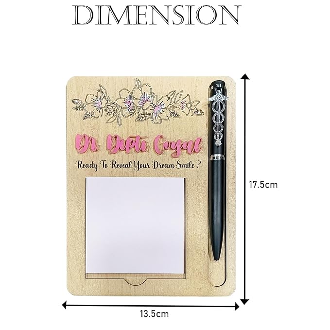 WRAPPING STUDIO Personalized Name MDF Wood Sticky Note Pad Holder with Pen Slot for Home, Office, Classroom (7X5 Inch)