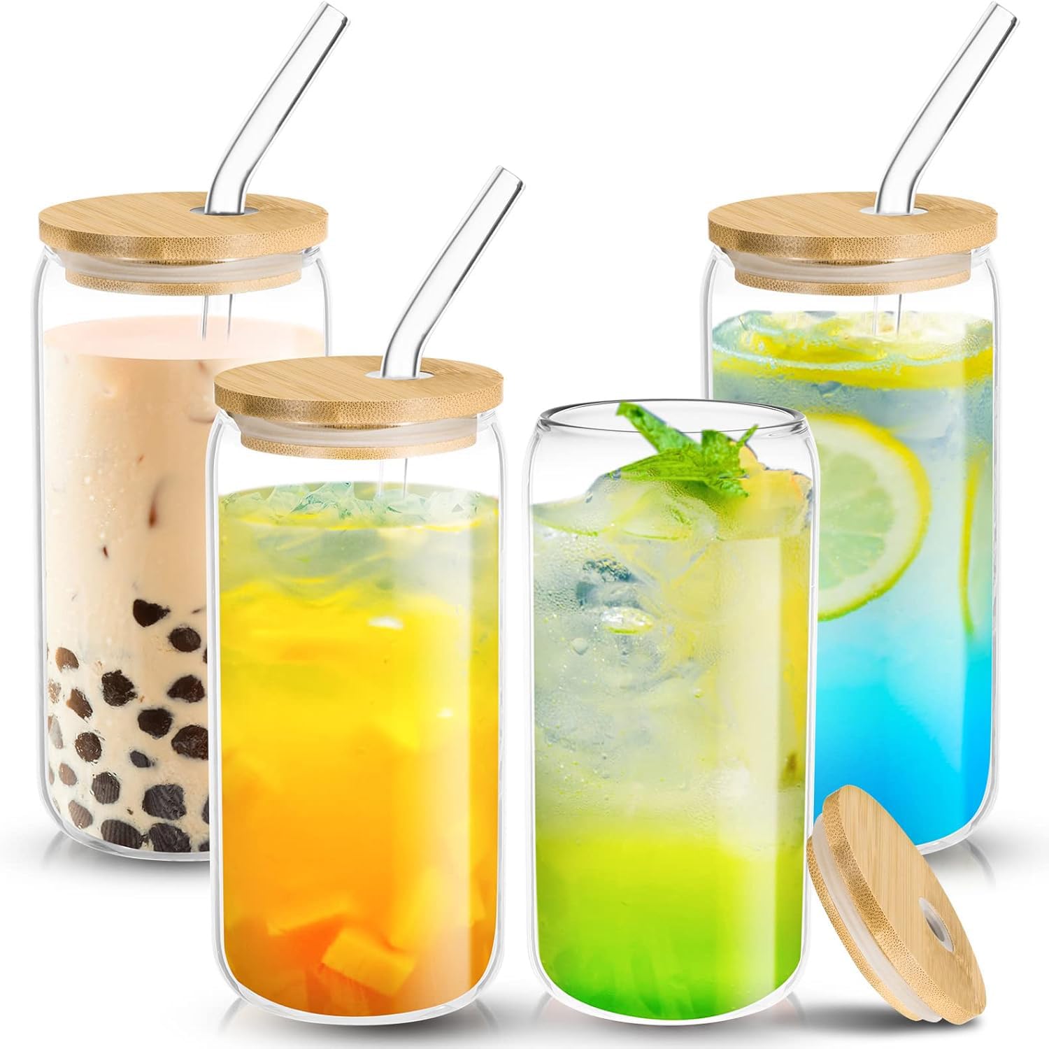 Customised Soda Can Shape Glass Sipper Tumbler mug With Bamboo Lid and Straw For Coffee, Milk, Cold Drink, Juice