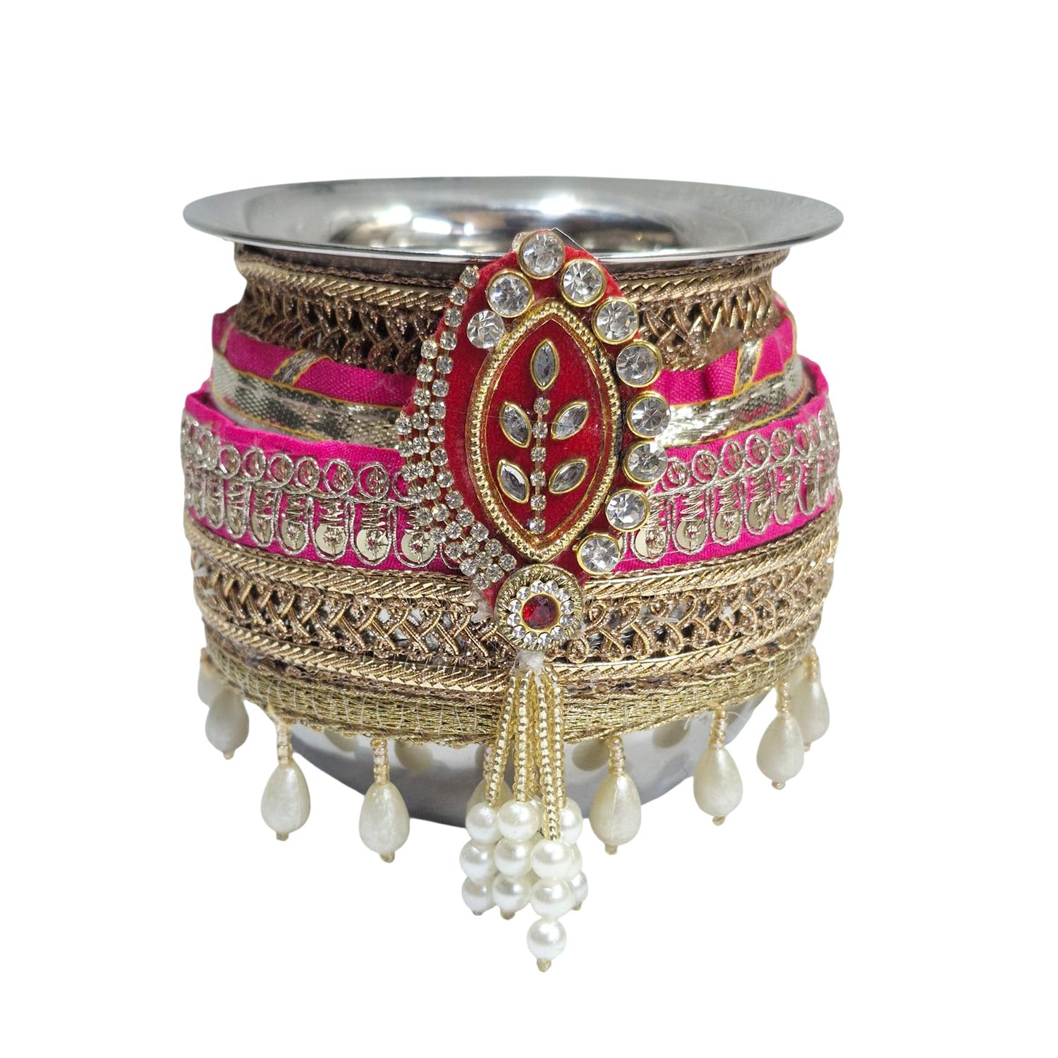 Handicrafts Personalized/Customized Photo Karwachauth Pooja Thali Set Red Color with 1 Thali, 1 Lota, 1 Chunni & 1 Chalni