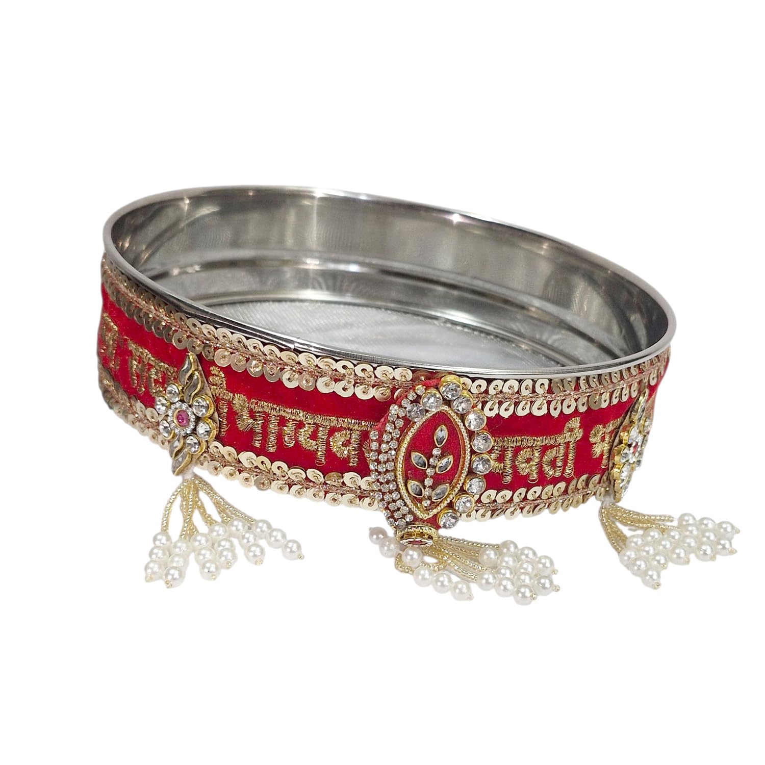 Handicrafts Personalized/Customized Photo Karwachauth Pooja Thali Set Red Color with 1 Thali, 1 Lota, 1 Chunni & 1 Chalni