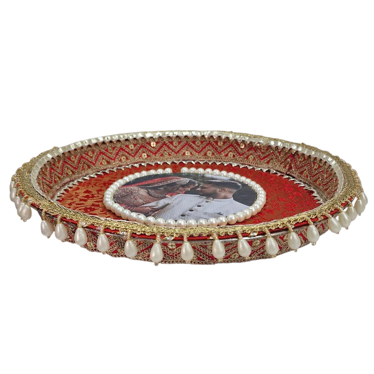 Handicrafts Personalized/Customized Photo Karwachauth Pooja Thali Set Red Color with 1 Thali, 1 Lota, 1 Chunni & 1 Chalni