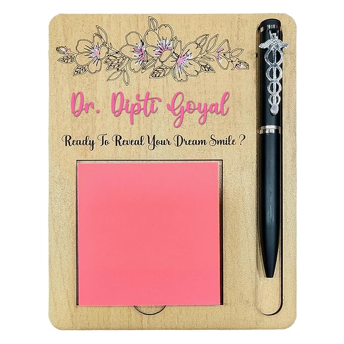 WRAPPING STUDIO Personalized Name MDF Wood Sticky Note Pad Holder with Pen Slot for Home, Office, Classroom (7X5 Inch)