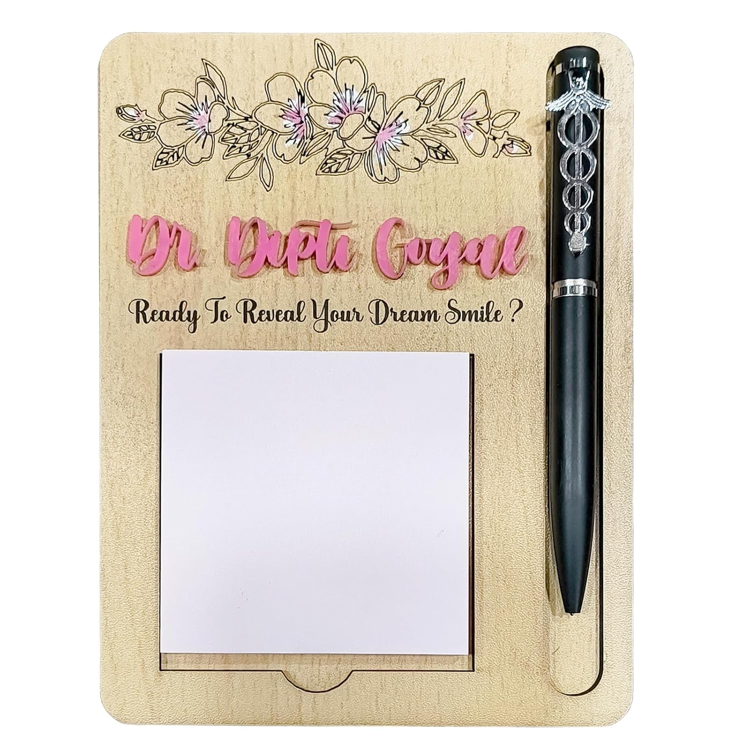 WRAPPING STUDIO Personalized Name MDF Wood Sticky Note Pad Holder with Pen Slot for Home, Office, Classroom (7X5 Inch)