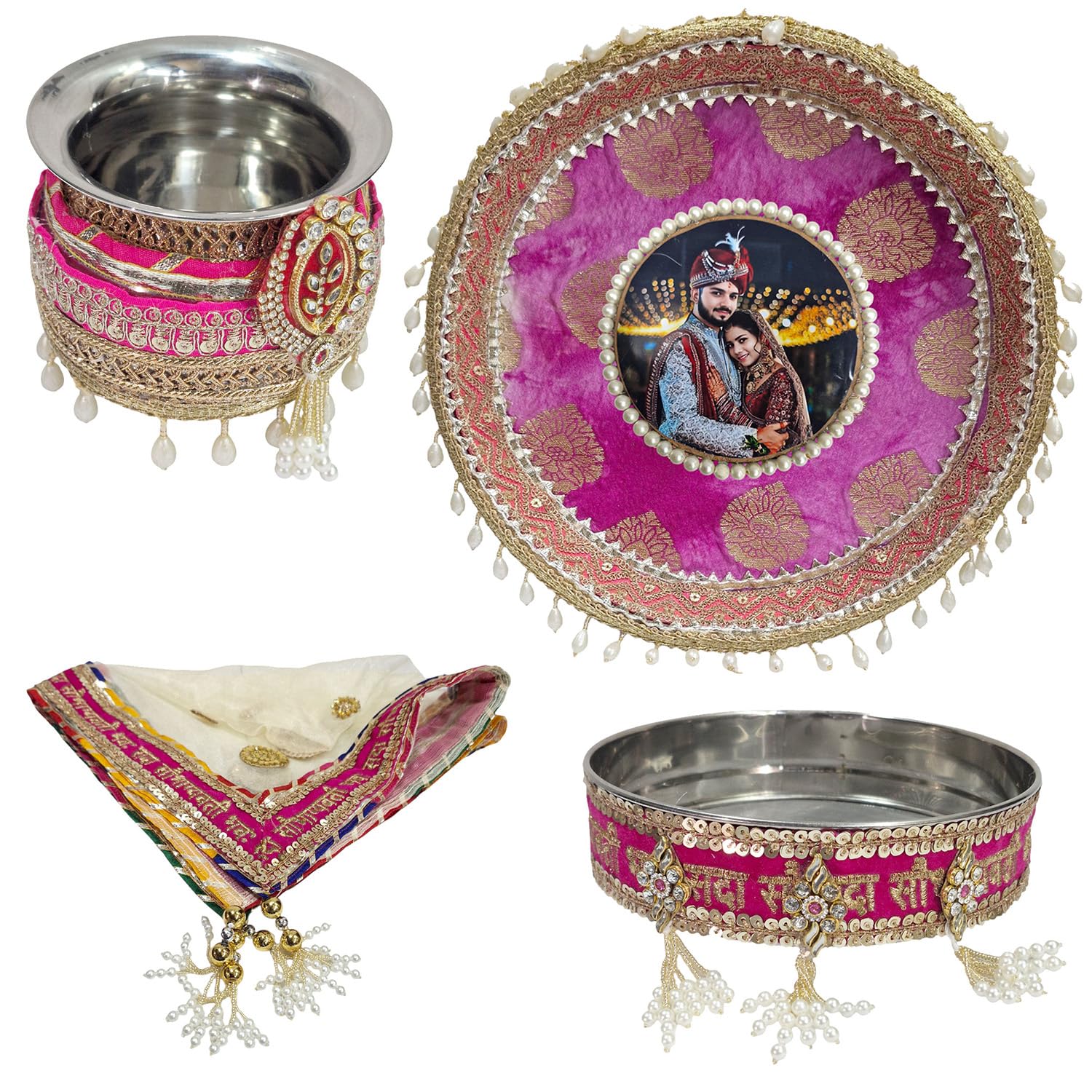 Handicrafts Personalized/Customized Photo Karwachauth Pooja Thali Set Red Color with 1 Thali, 1 Lota, 1 Chunni & 1 Chalni