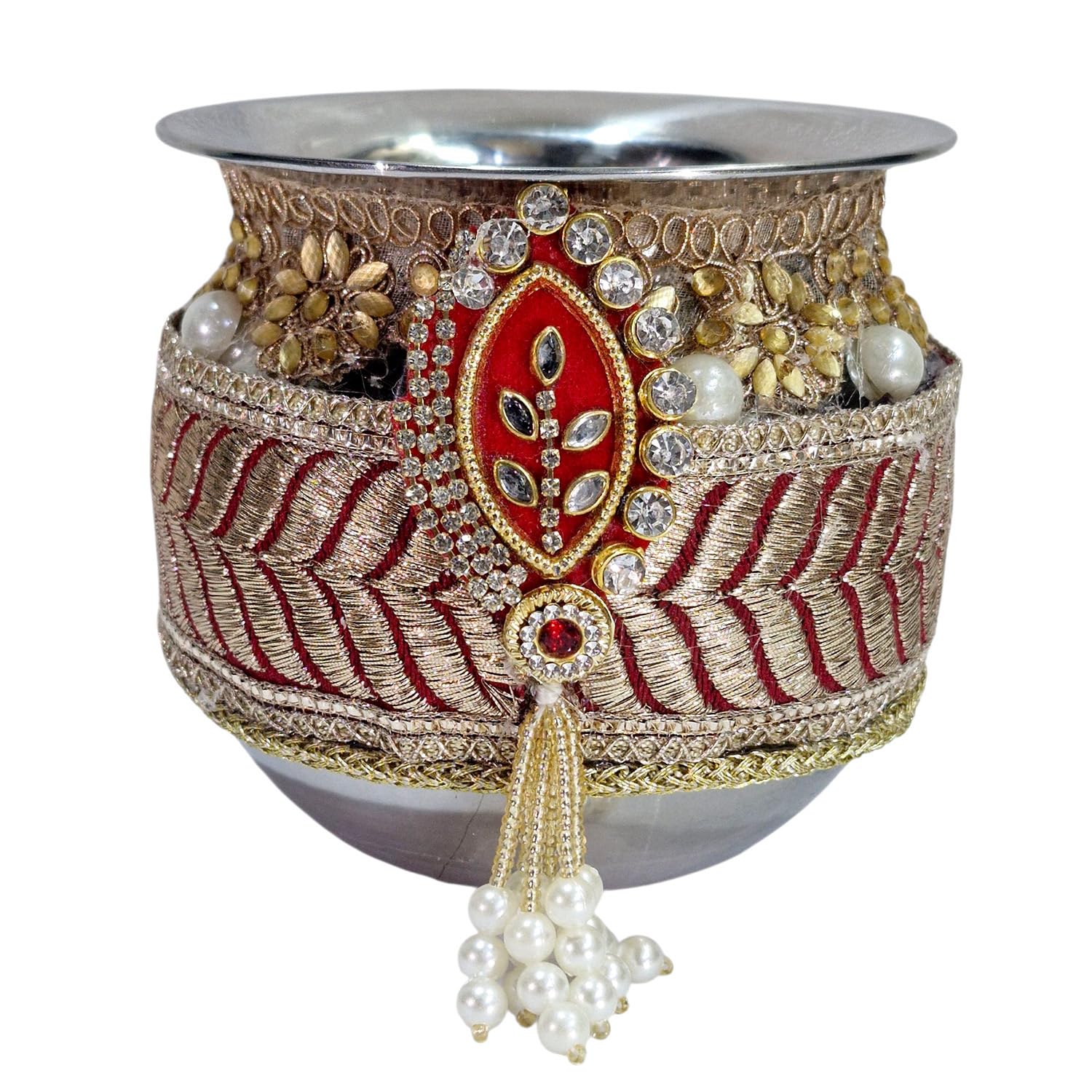 Handicrafts Personalized/Customized Photo Karwachauth Pooja Thali Set Red Color with 1 Thali, 1 Lota, 1 Chunni & 1 Chalni