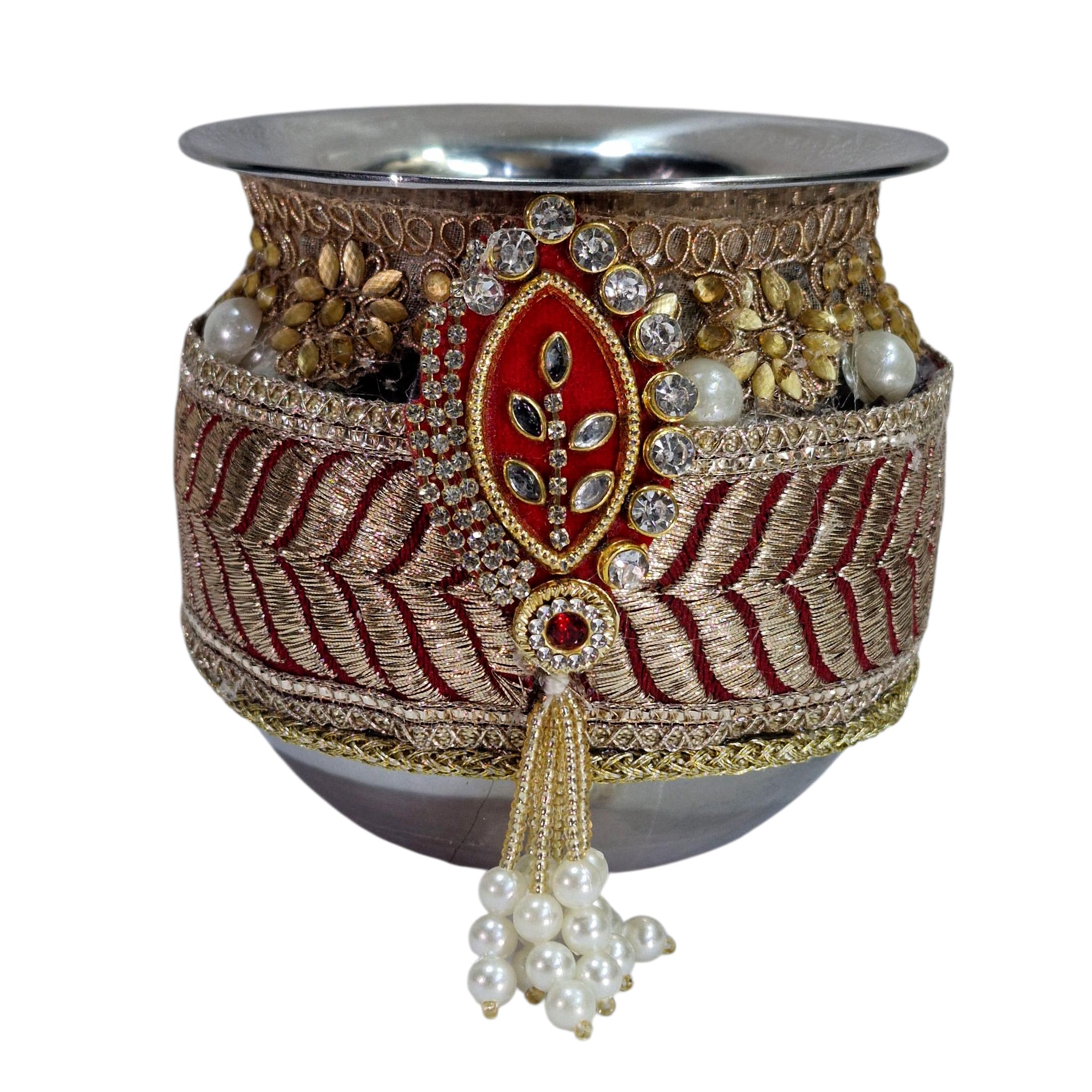 Handicrafts Personalized/Customized Photo Karwachauth Pooja Thali Set Red Color with 1 Thali, 1 Lota, 1 Chunni & 1 Chalni