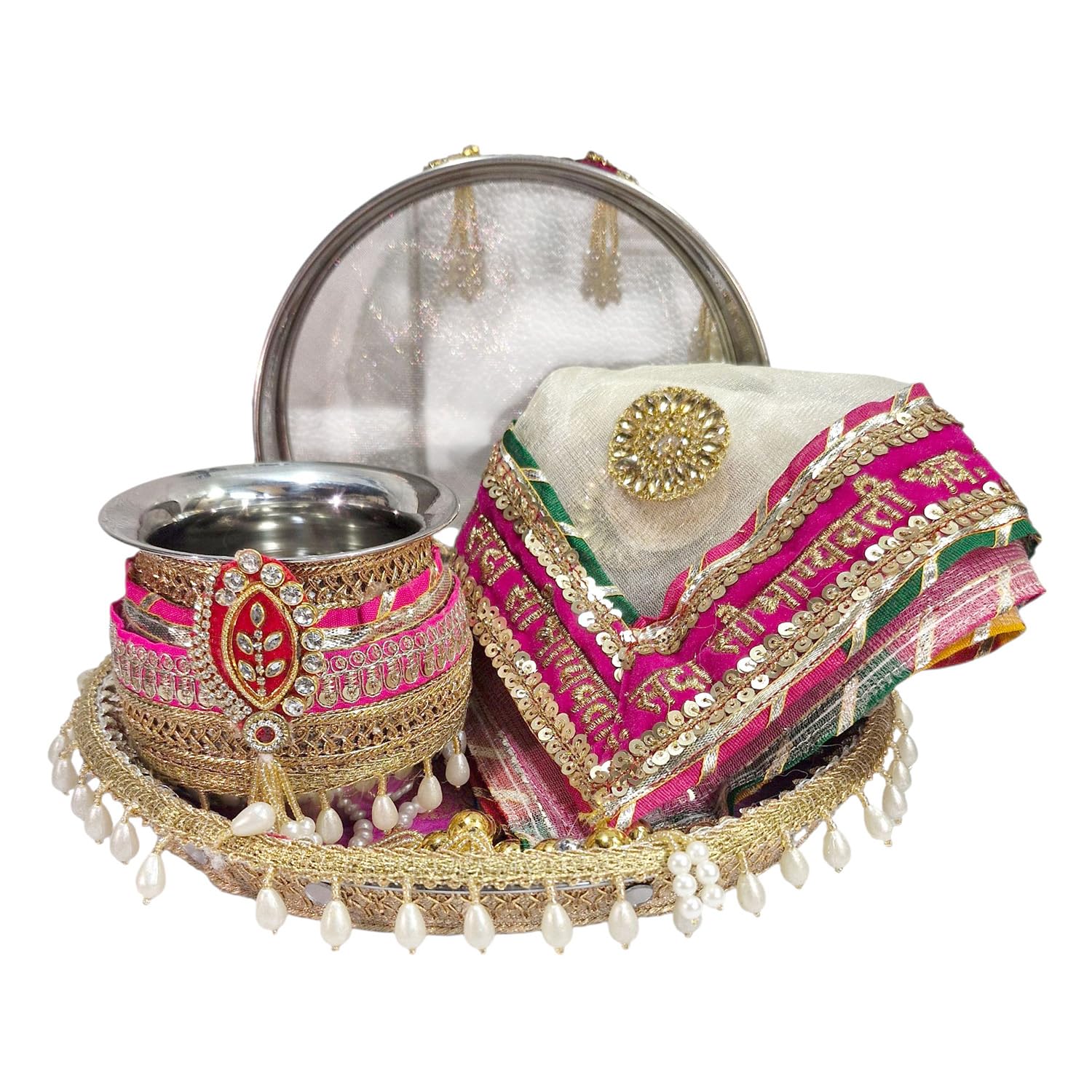 Handicrafts Personalized/Customized Photo Karwachauth Pooja Thali Set Red Color with 1 Thali, 1 Lota, 1 Chunni & 1 Chalni