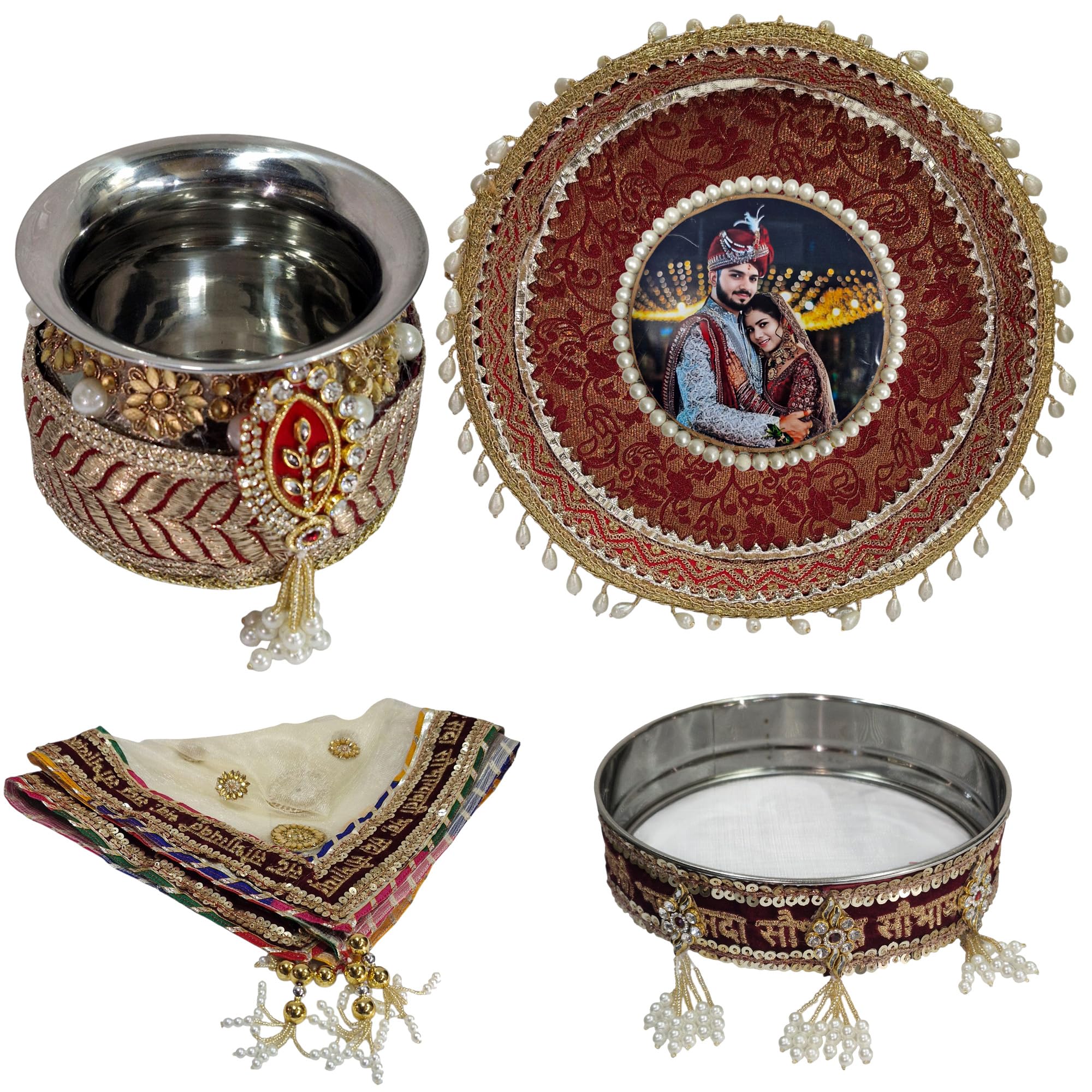Handicrafts Personalized/Customized Photo Karwachauth Pooja Thali Set Red Color with 1 Thali, 1 Lota, 1 Chunni & 1 Chalni