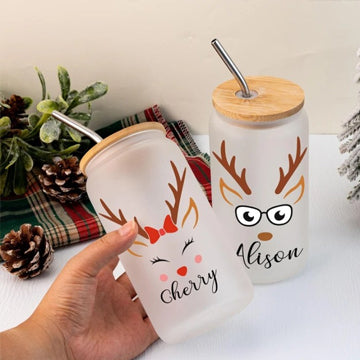 Personalized Christmas Glass Cup Reindeer