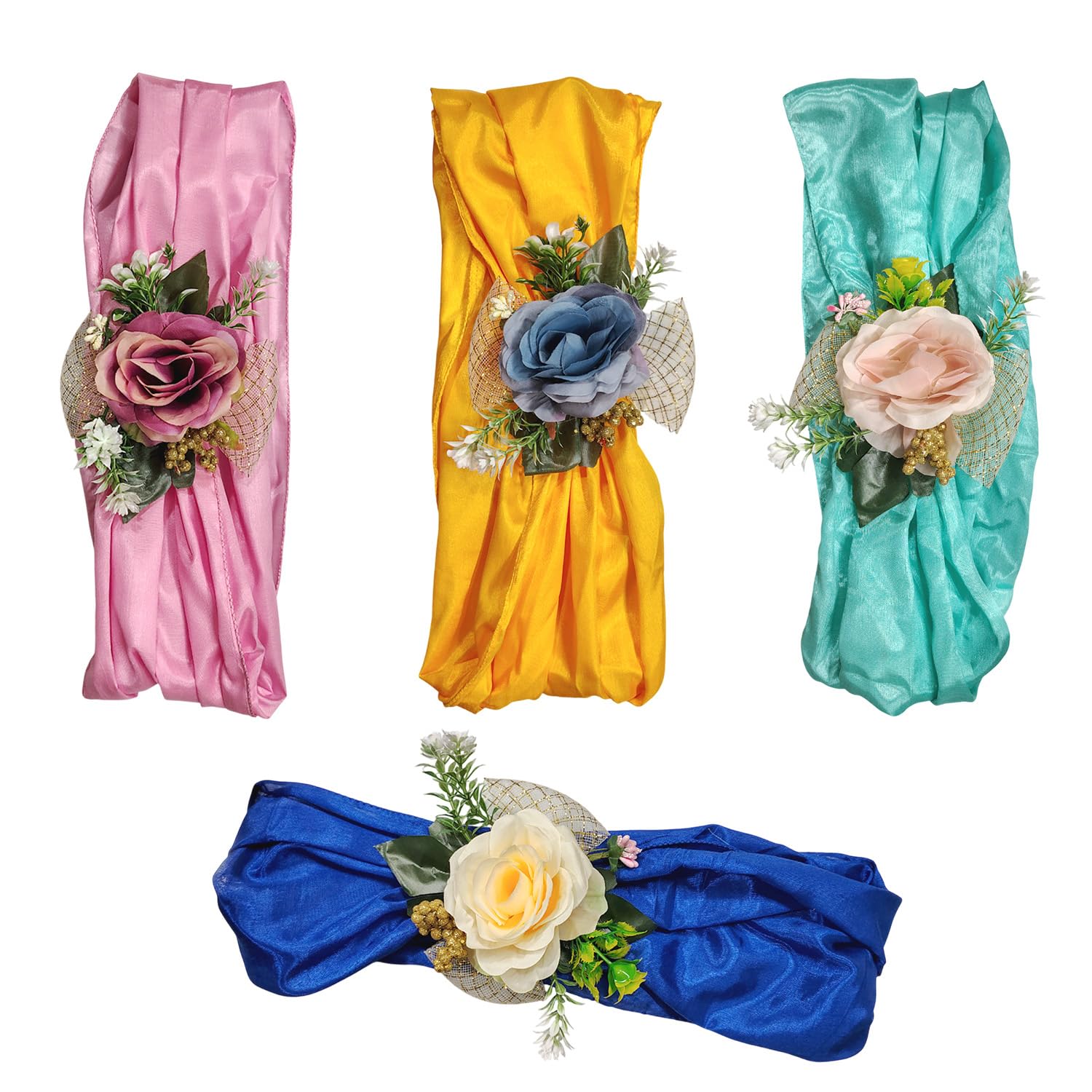 1 Meter Each Silk Fabric 4 Pcs Multicolor Band with Artificial Floral Embellishments for Gift Packing, Decoration, Gifting, Trousseau Packing, Hampers
