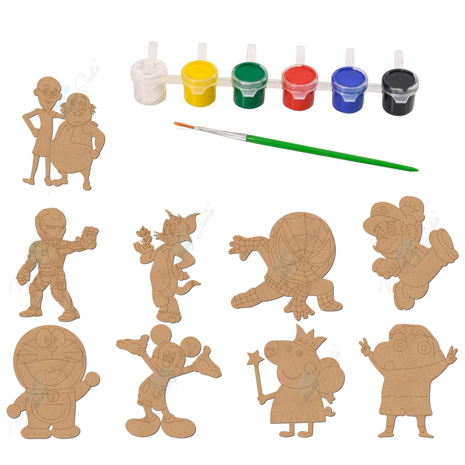 WRAPPING STUDIO Pre-Marked MDF 9 Pcs Cartoon Cutout Shapes for Art and Craft for Kids, Painting & DIY Craft Projects Included 1 Set Water Color.