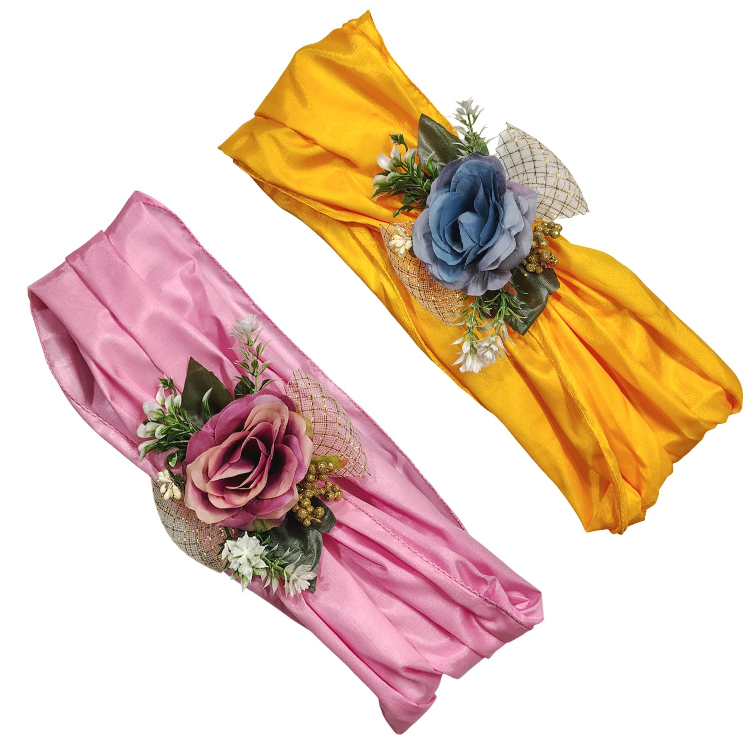 1 Meter Each Silk Fabric 4 Pcs Multicolor Band with Artificial Floral Embellishments for Gift Packing, Decoration, Gifting, Trousseau Packing, Hampers