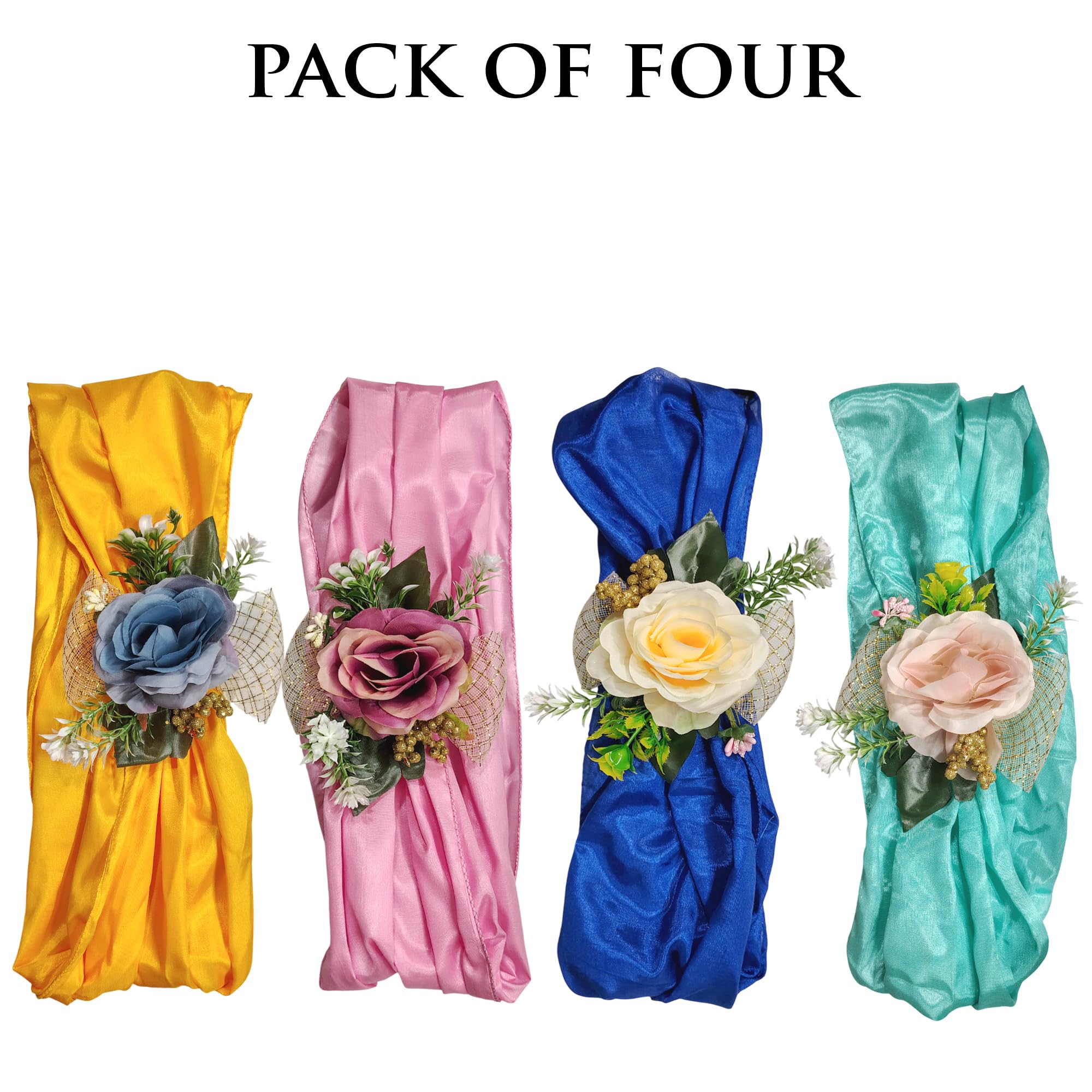 1 Meter Each Silk Fabric 4 Pcs Multicolor Band with Artificial Floral Embellishments for Gift Packing, Decoration, Gifting, Trousseau Packing, Hampers